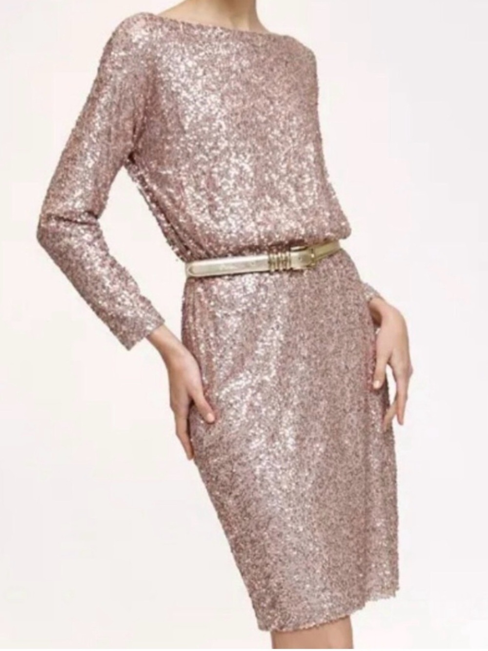 St. John Rose Gold Sequin Metallic Long Sleeve Midi Silk Dress Womens size 4